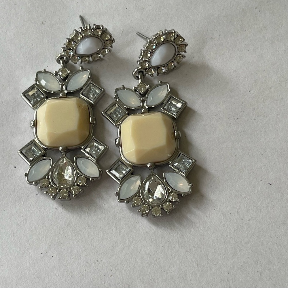 Ivory and Silver Dangle Earrings with Crystal Accents - Picture 2 of 4